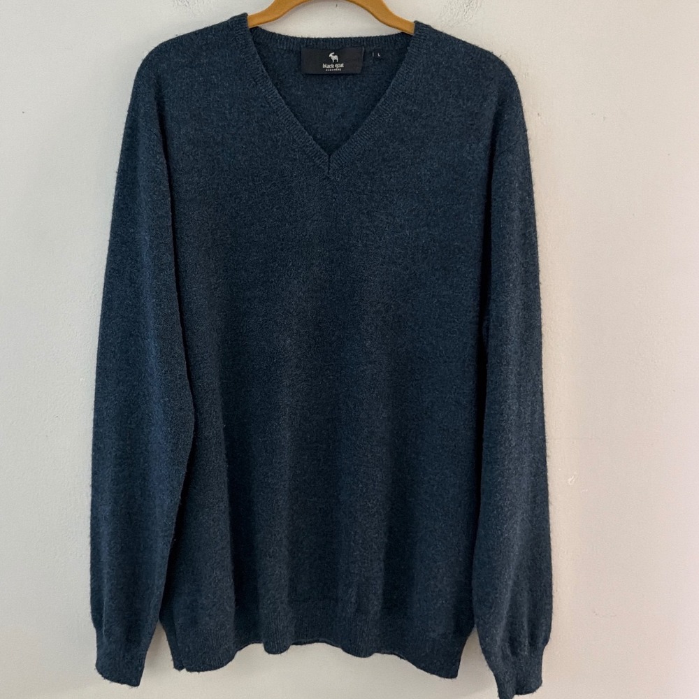 Black Goat Cashmere Mens V-Neck Sweater Size L 100% Mongolian Cashmere Blue